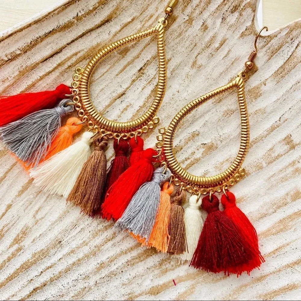 Boho Multi Color Tassel Drop Earrings NWT